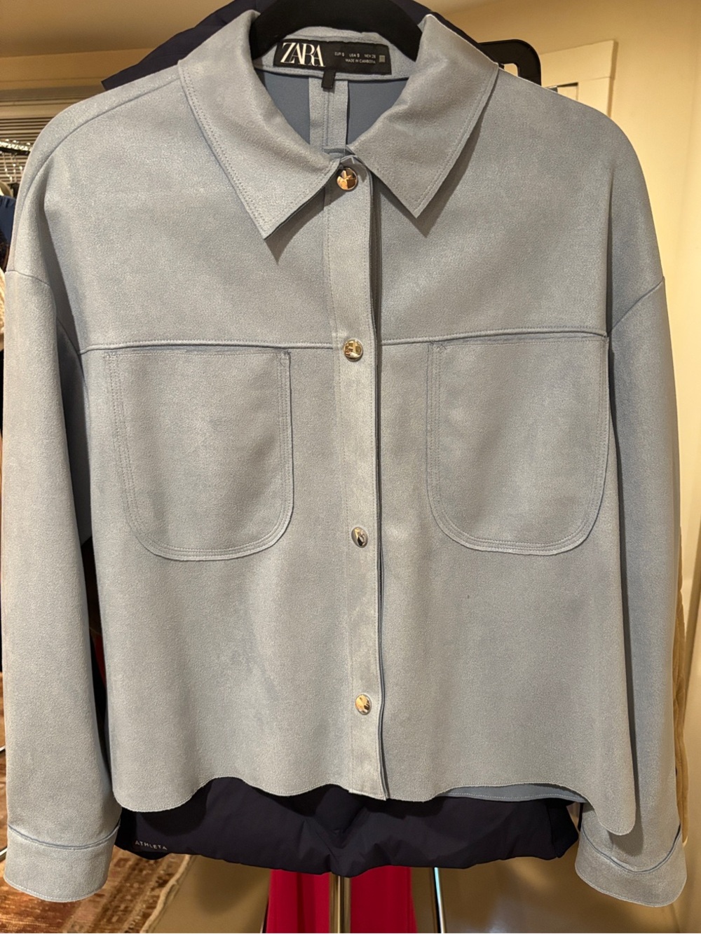 Zara Pale Blue Faux Suede Button-Front Shirt Jacket